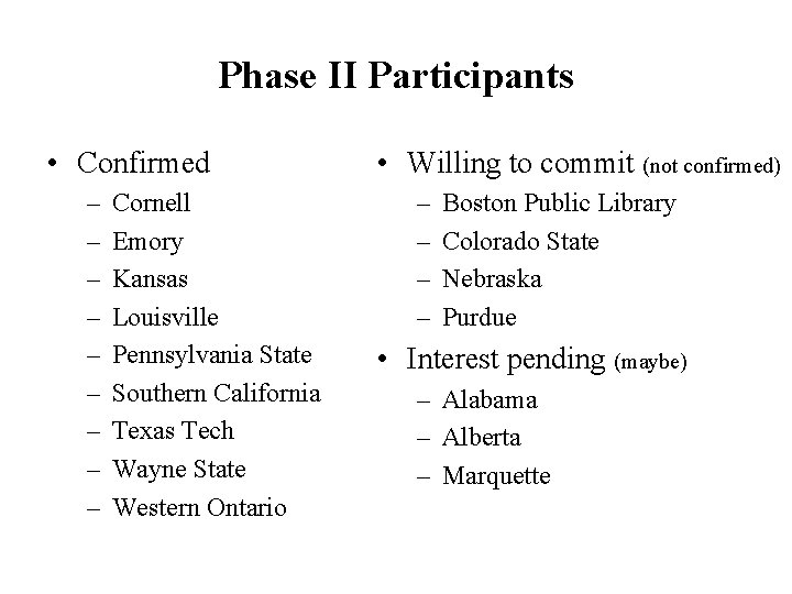 Phase II Participants • Confirmed – – – – – Cornell Emory Kansas Louisville