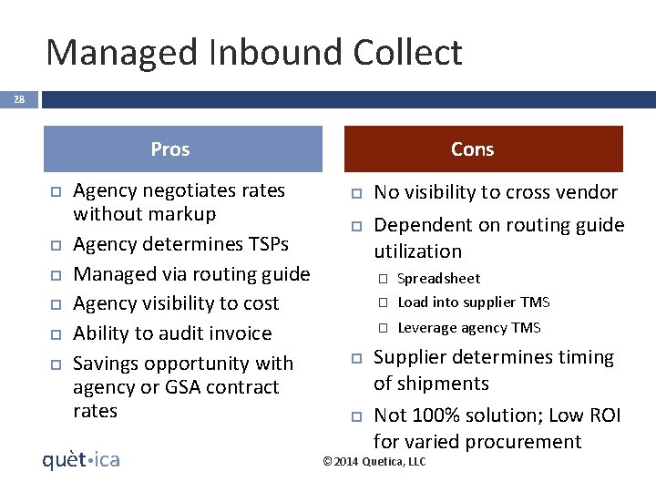 Managed Inbound Collect 28 Pros Agency negotiates rates without markup Agency determines TSPs Managed