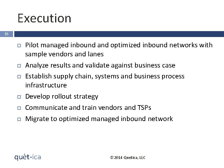 Execution 35 Pilot managed inbound and optimized inbound networks with sample vendors and lanes