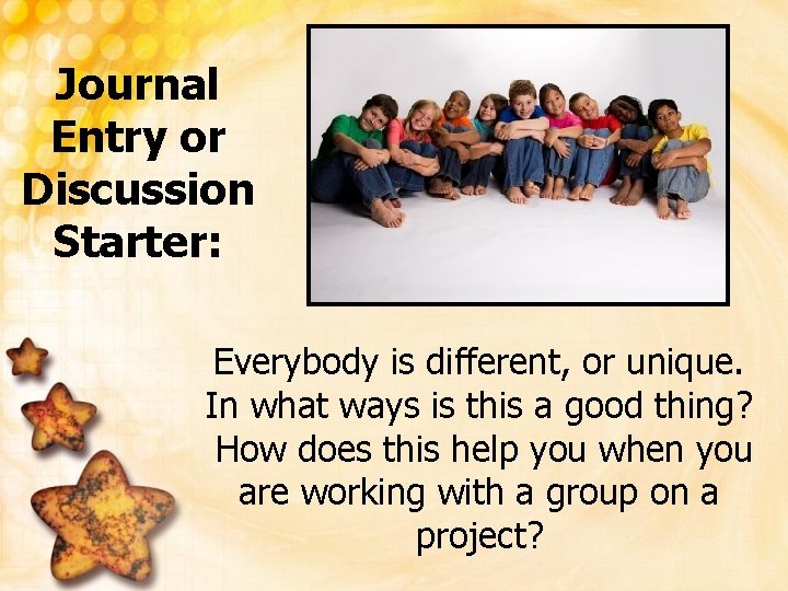 Journal Entry or Discussion Starter: Everybody is different, or unique. In what ways is