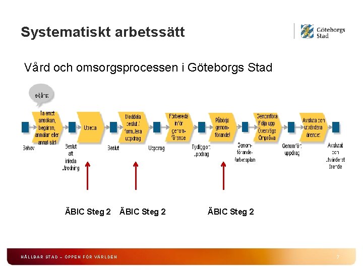 Systematiskt arbetssätt Vård och omsorgsprocessen i Göteborgs Stad ÄBIC Steg 2 HÅLLBAR STAD –