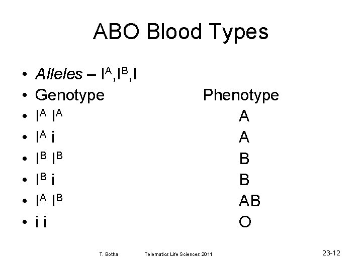 ABO Blood Types • • Alleles – IA, IB, I Genotype IA I A