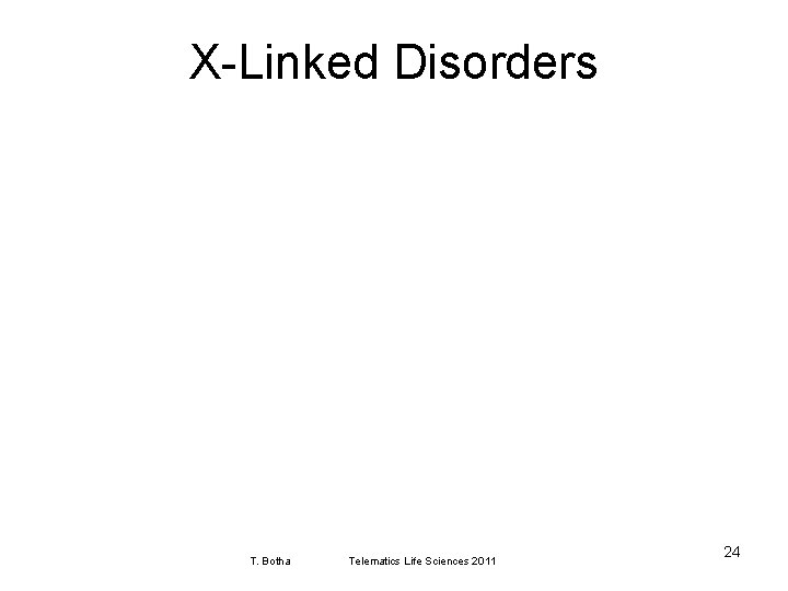 X-Linked Disorders T. Botha Telematics Life Sciences 2011 24 