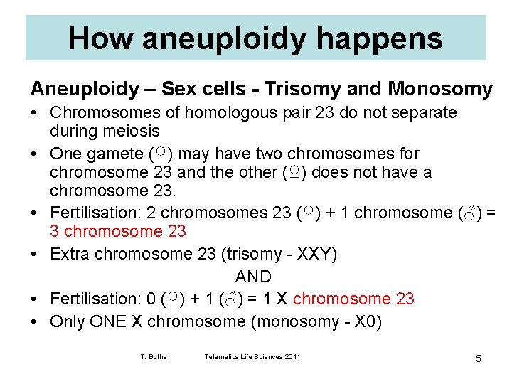 How aneuploidy happens Aneuploidy – Sex cells - Trisomy and Monosomy • Chromosomes of