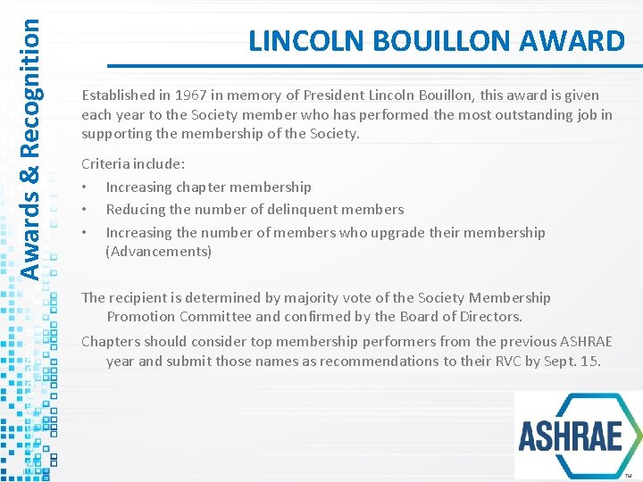 Awards & Recognition LINCOLN BOUILLON AWARD Established in 1967 in memory of President Lincoln