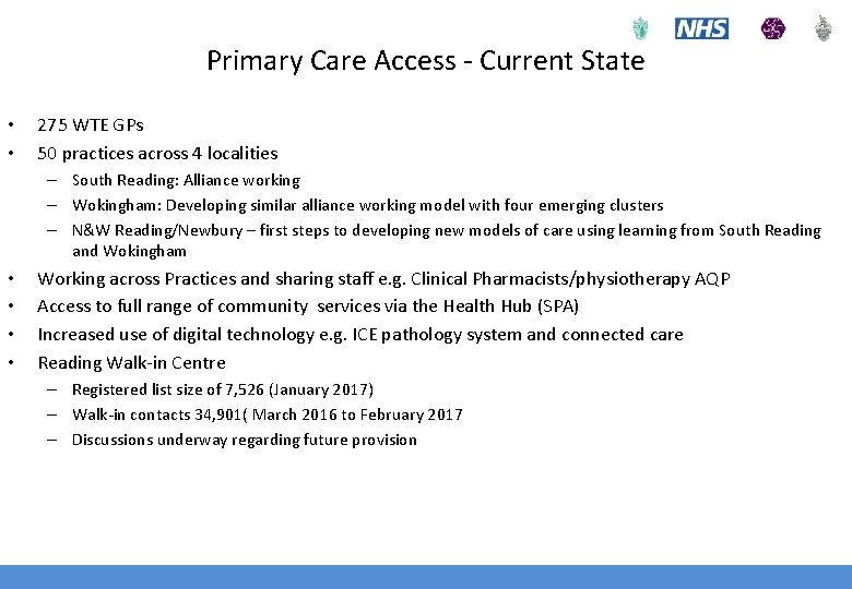 Primary Care Access - Current State • • 275 WTE GPs 50 practices across