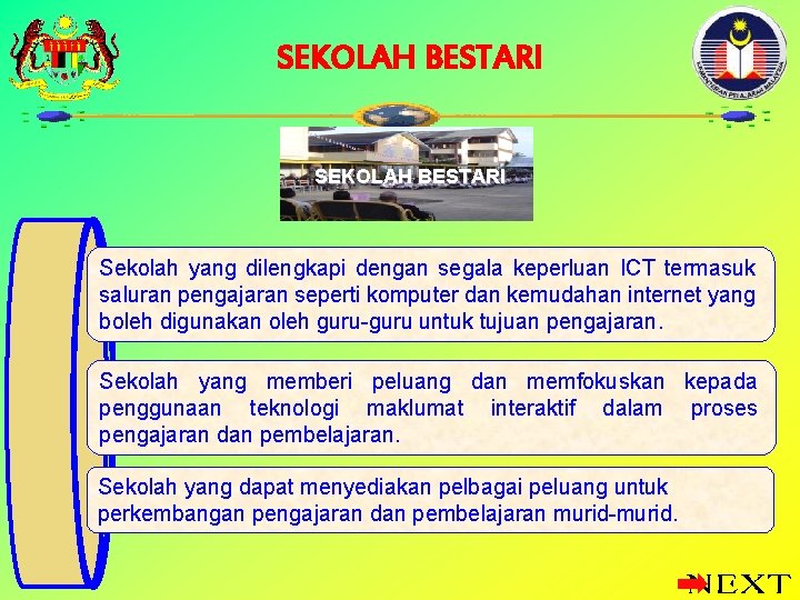 SEKOLAH BESTARI Sekolah yang dilengkapi dengan segala keperluan ICT termasuk saluran pengajaran seperti komputer