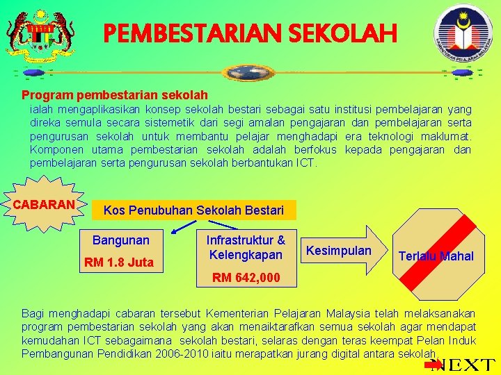 PEMBESTARIAN SEKOLAH Program pembestarian sekolah ialah mengaplikasikan konsep sekolah bestari sebagai satu institusi pembelajaran