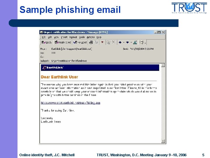 Sample phishing email Online identity theft, J. C. Mitchell TRUST, Washington, D. C. Meeting