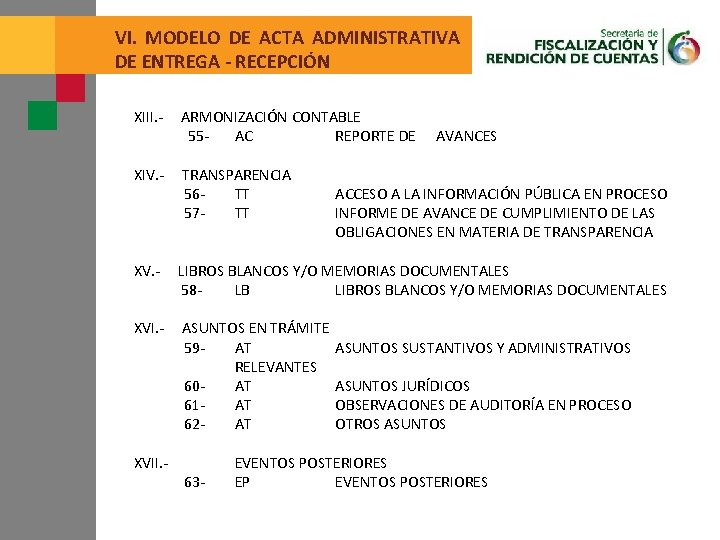VI. MODELO DE ACTA ADMINISTRATIVA DE ENTREGA - RECEPCIÓN XIII. - ARMONIZACIÓN CONTABLE 55