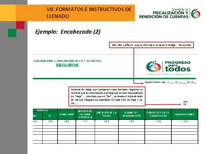 VII. FORMATOS E INSTRUCTIVOS DE LLENADO Ejemplo: Encabezado (2) Día, mes y año en