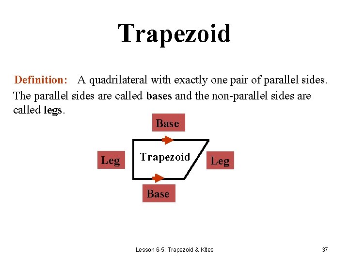 Trapezoid Definition: A quadrilateral with exactly one pair of parallel sides. The parallel sides