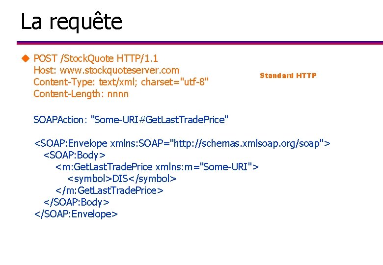 La requête u POST /Stock. Quote HTTP/1. 1 Host: www. stockquoteserver. com Content-Type: text/xml;