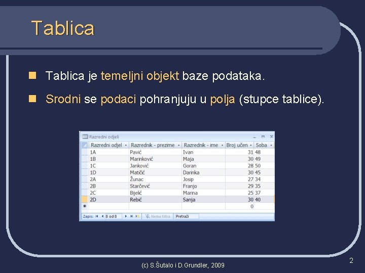 Tablica n Tablica je temeljni objekt baze podataka. n Srodni se podaci pohranjuju u