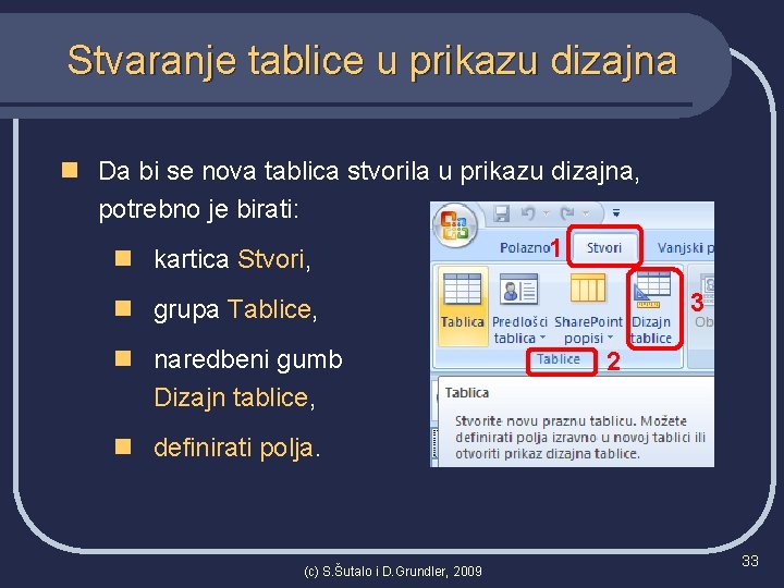 Stvaranje tablice u prikazu dizajna n Da bi se nova tablica stvorila u prikazu