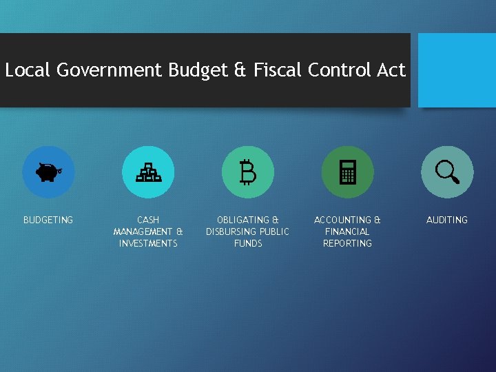 Local Government Budget & Fiscal Control Act BUDGETING CASH MANAGEMENT & INVESTMENTS OBLIGATING &