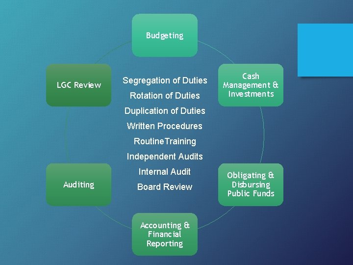 Budgeting LGC Review Segregation of Duties Rotation of Duties Cash Management & Investments Duplication