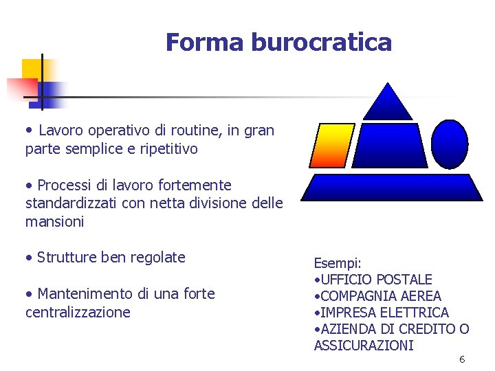 Forma burocratica • Lavoro operativo di routine, in gran parte semplice e ripetitivo •