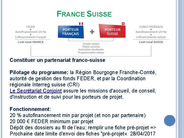 FRANCE SUISSE Constituer un partenariat franco-suisse Pilotage du programme: la Région Bourgogne Franche-Comté, autorité