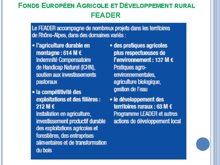  FONDS EUROPÉEN AGRICOLE ET DÉVELOPPEMENT RURAL FEADER 