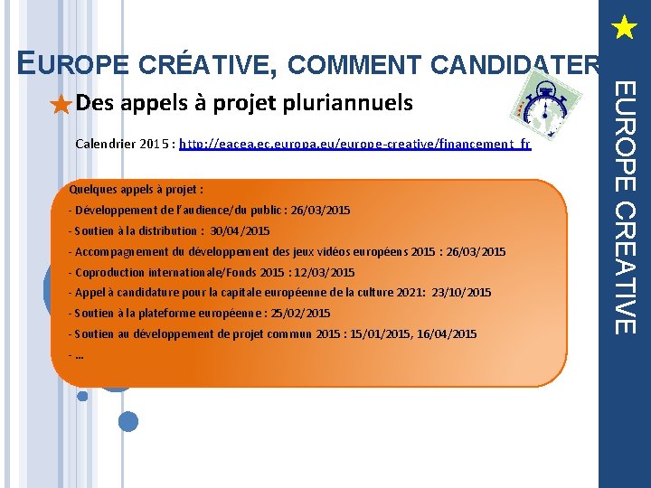 Des appels à projet pluriannuels Calendrier 2015 : http: //eacea. ec. europa. eu/europe-creative/financement_fr Quelques