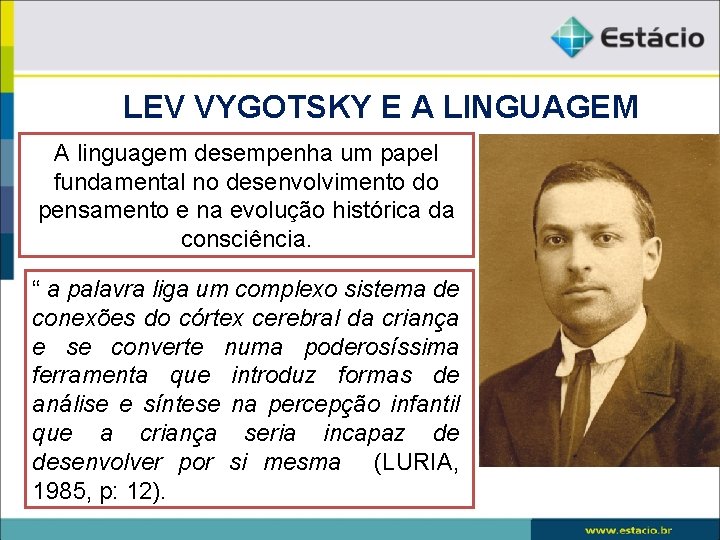 LEV VYGOTSKY E A LINGUAGEM A linguagem desempenha um papel fundamental no desenvolvimento do