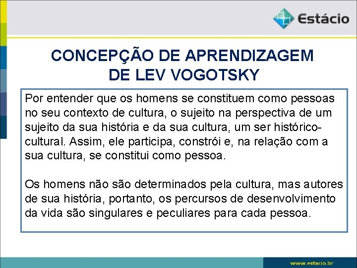 CONCEPÇÃO DE APRENDIZAGEM DE LEV VOGOTSKY Por entender que os homens se constituem como