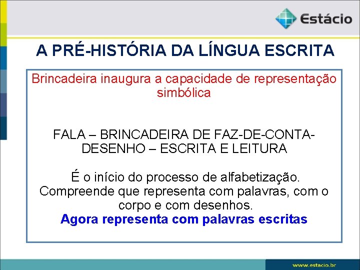 A PRÉ-HISTÓRIA DA LÍNGUA ESCRITA Brincadeira inaugura a capacidade de representação simbólica FALA –