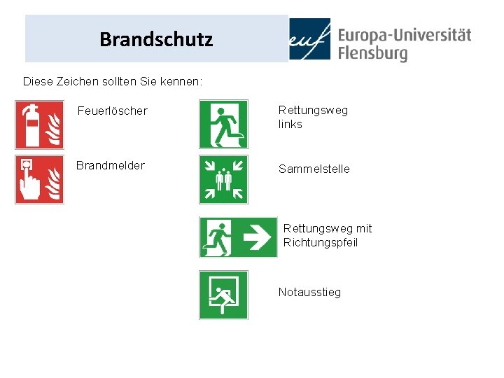 Brandschutz Diese Zeichen sollten Sie kennen: Feuerlöscher Rettungsweg links Brandmelder Sammelstelle Rettungsweg mit Richtungspfeil