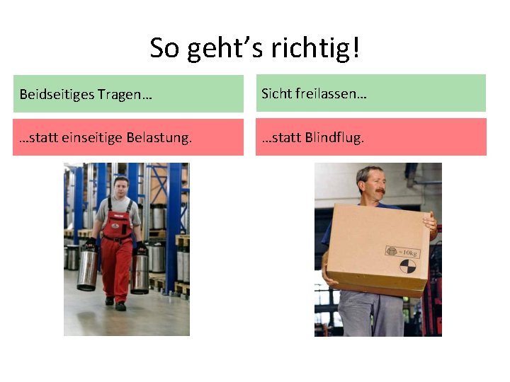 So geht’s richtig! Beidseitiges Tragen… Sicht freilassen… …statt einseitige Belastung. …statt Blindflug. 