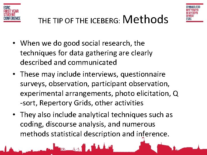 THE TIP OF THE ICEBERG: Methods • When we do good social research, the