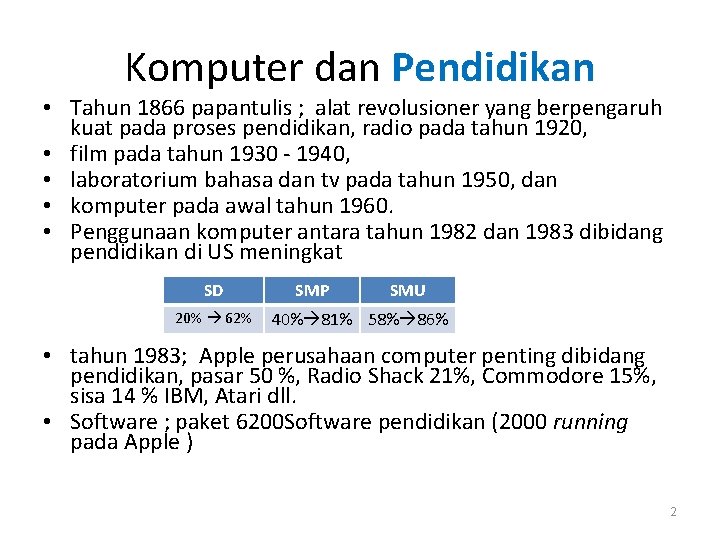 Komputer dan Pendidikan • Tahun 1866 papantulis ; alat revolusioner yang berpengaruh kuat pada