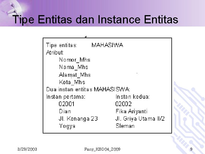 Tipe Entitas dan Instance Entitas 3/29/2003 Fany_KBD 04_2009 9 