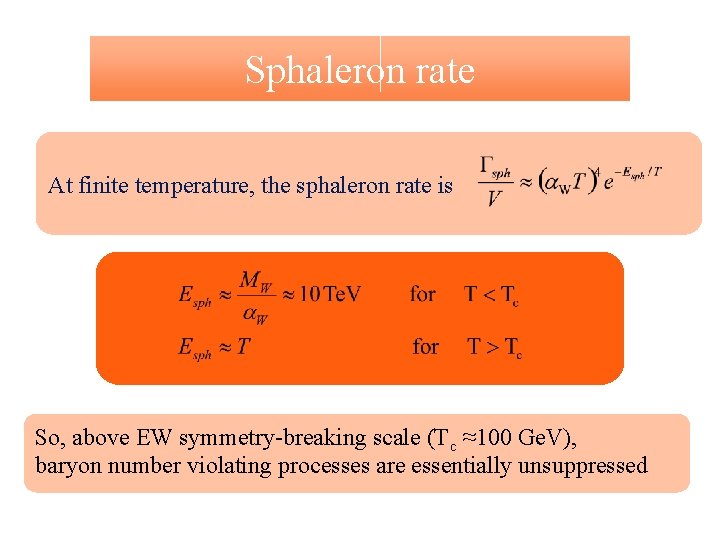 Sphaleron rate At finite temperature, the sphaleron rate is So, above EW symmetry-breaking scale