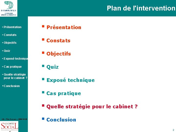 Plan de l'intervention • Présentation • Constats • Objectifs • Quiz • Exposé technique