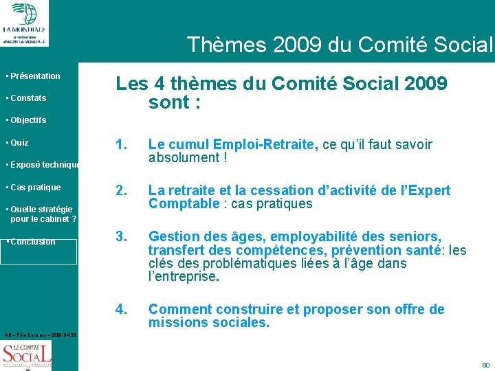 Thèmes 2009 du Comité Social • Présentation • Constats Les 4 thèmes du Comité