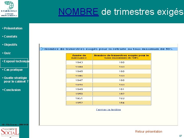 NOMBRE de trimestres exigés • Présentation • Constats • Objectifs • Quiz • Exposé