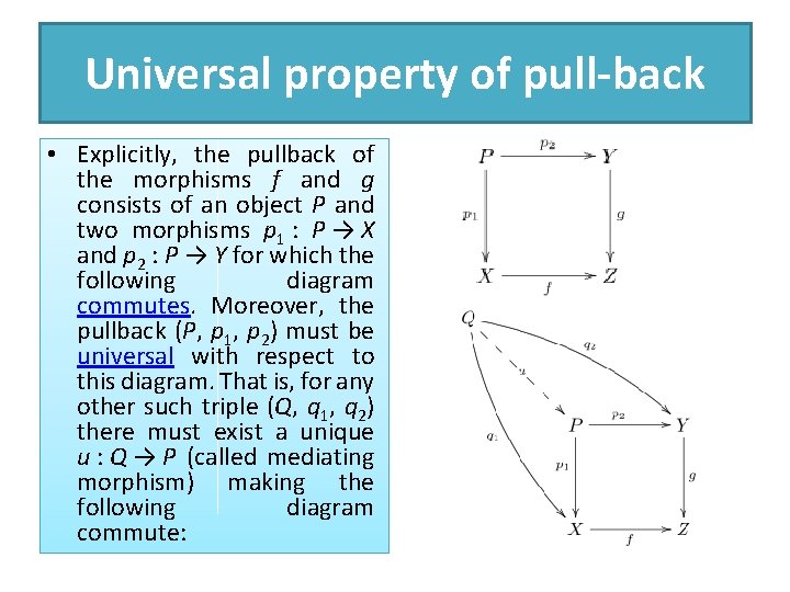 Universal property of pull-back • Explicitly, the pullback of the morphisms f and g