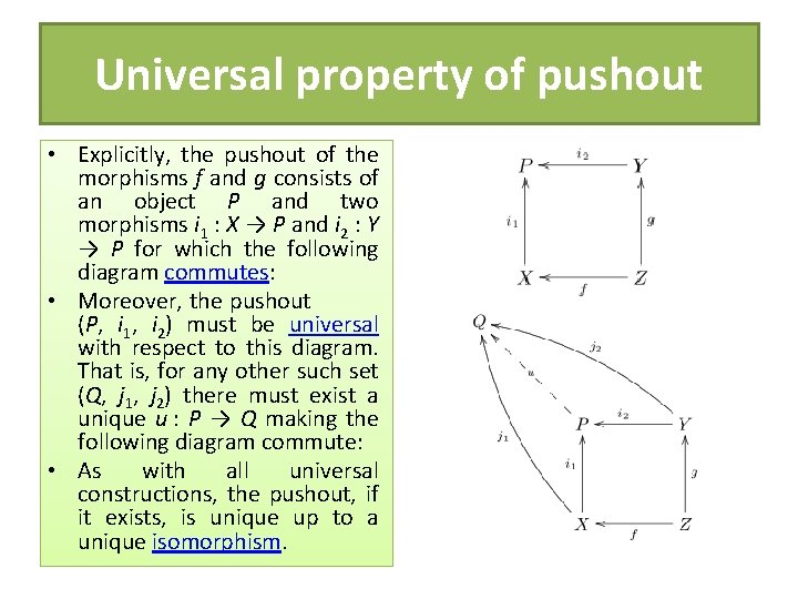Universal property of pushout • Explicitly, the pushout of the morphisms f and g