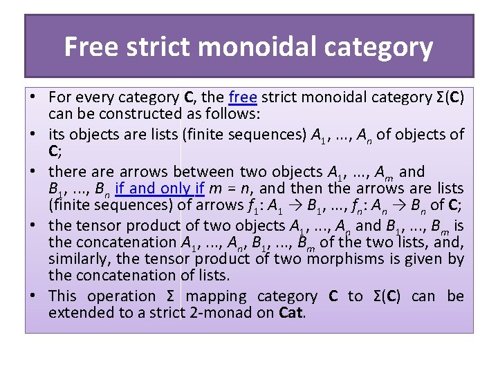 Free strict monoidal category • For every category C, the free strict monoidal category