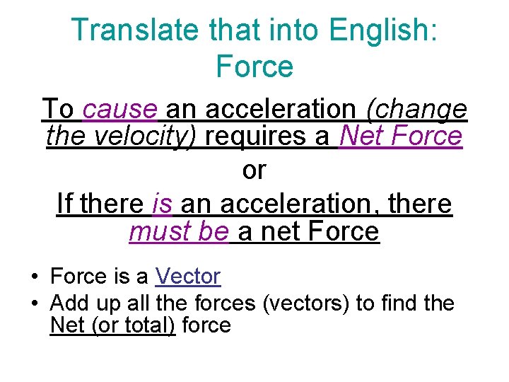 Translate that into English: Force To cause an acceleration (change the velocity) requires a
