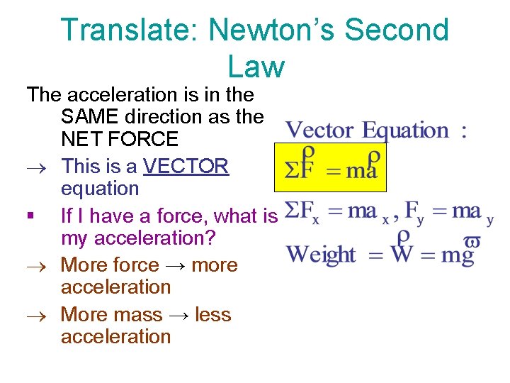 Translate: Newton’s Second Law The acceleration is in the SAME direction as the NET