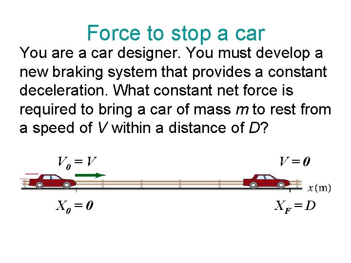 Force to stop a car You are a car designer. You must develop a