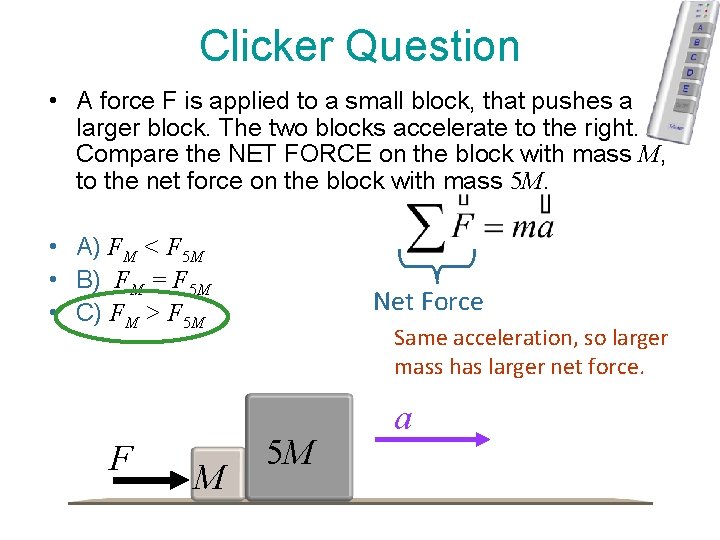 Clicker Question • A force F is applied to a small block, that pushes