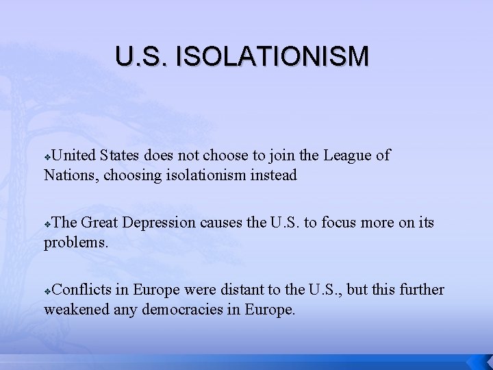 U. S. ISOLATIONISM United States does not choose to join the League of Nations,
