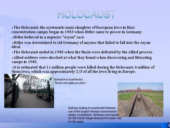 HOLOCAUST The Holocaust, the systematic mass slaughter of European Jews in Nazi concentration camps,