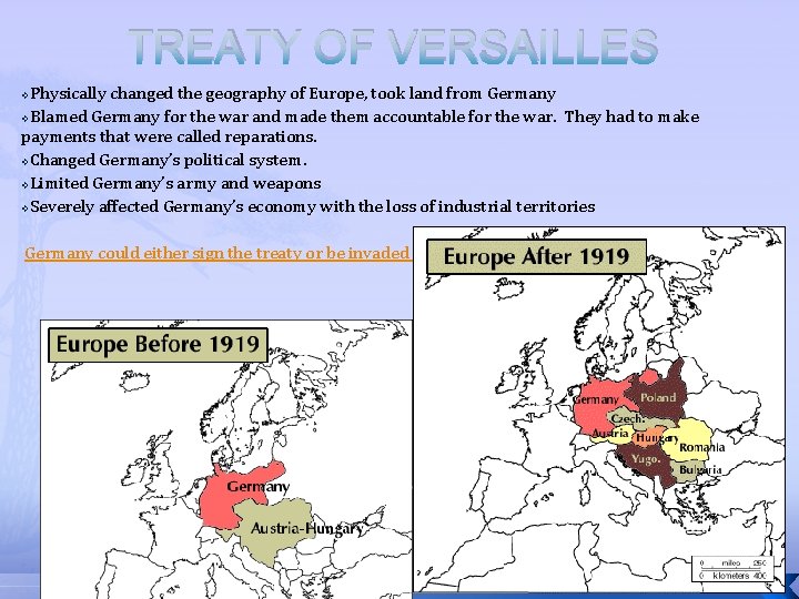 TREATY OF VERSAILLES Physically changed the geography of Europe, took land from Germany v.