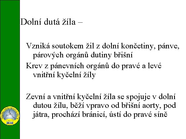 Dolní dutá žíla – Vena cava inferior Vzniká soutokem žil z dolní končetiny, pánve,