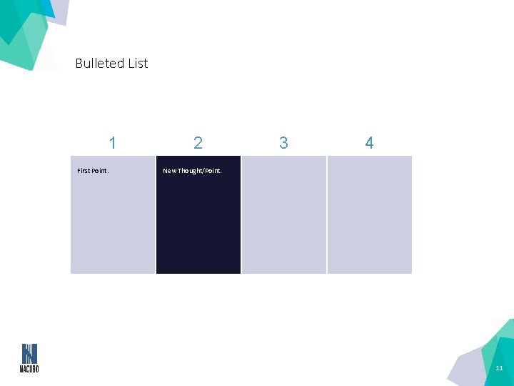 Bulleted List 1 First Point. 2 3 4 New Thought/Point. 11 