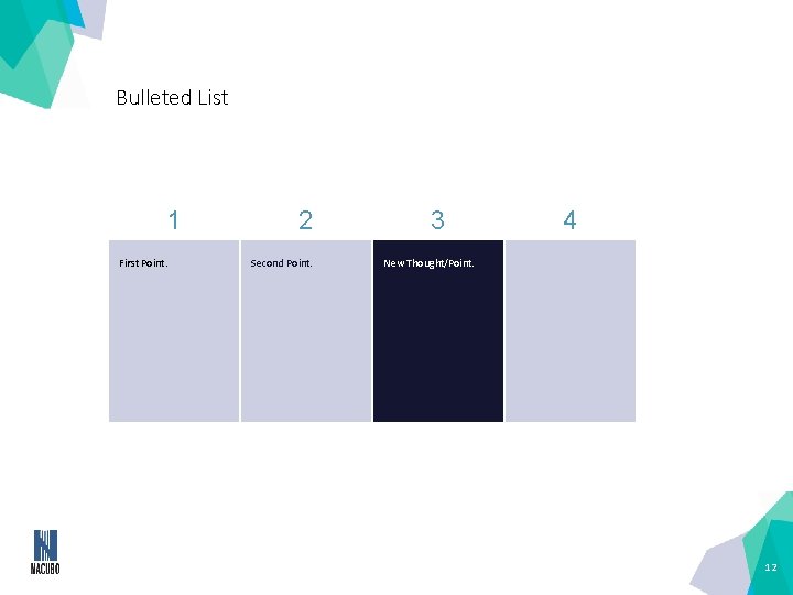 Bulleted List 1 First Point. 2 Second Point. 3 4 New Thought/Point. 12 